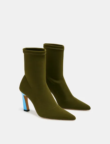 Khaki sock boots with light blue heel