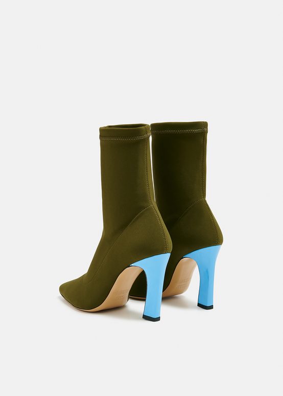 Khaki sock boots with light blue heel