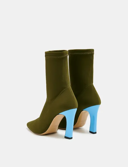 Khaki sock boots with light blue heel