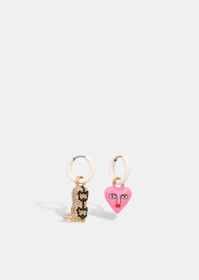 Off-white hoop earrings with boot and heart pendants