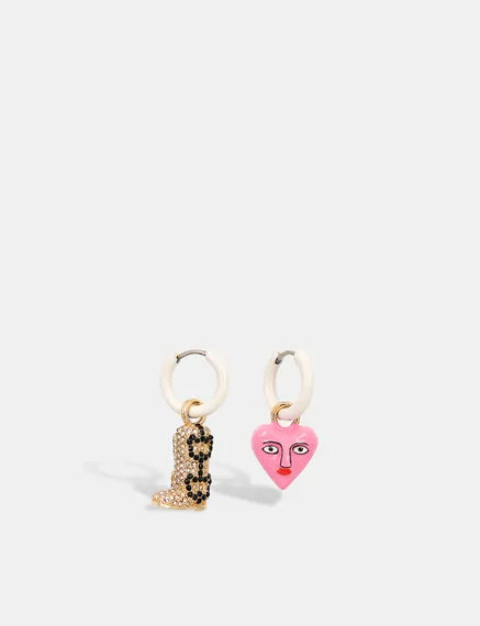 Off-white hoop earrings with boot and heart pendants