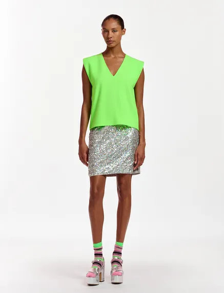 Neon green sleeveless V-neck top