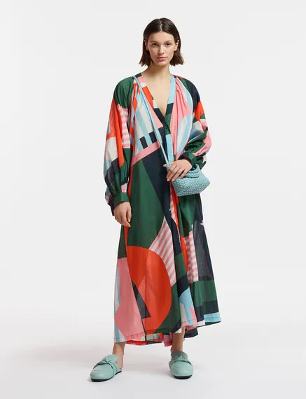 Multicolor cotton maxi-length dress with abstract print 