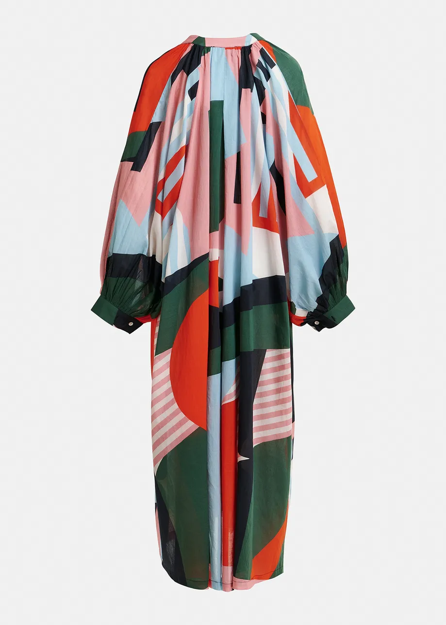 Multicolor cotton maxi-length dress with abstract print