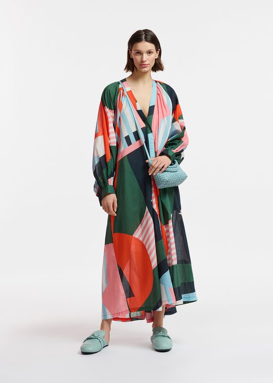 Multicolor cotton maxi-length dress with abstract print 