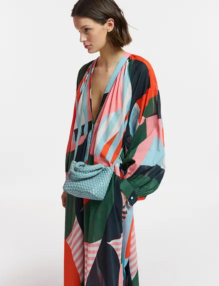 Multicolor cotton maxi-length dress with abstract print 