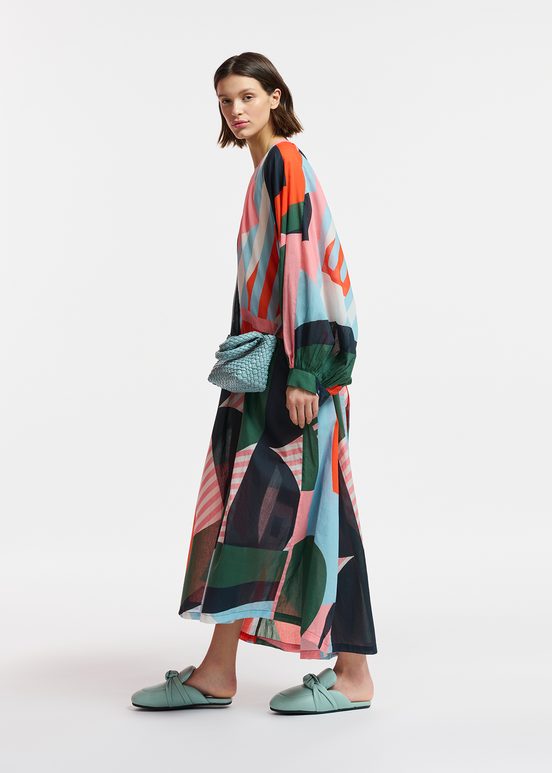 Multicolor cotton maxi-length dress with abstract print 