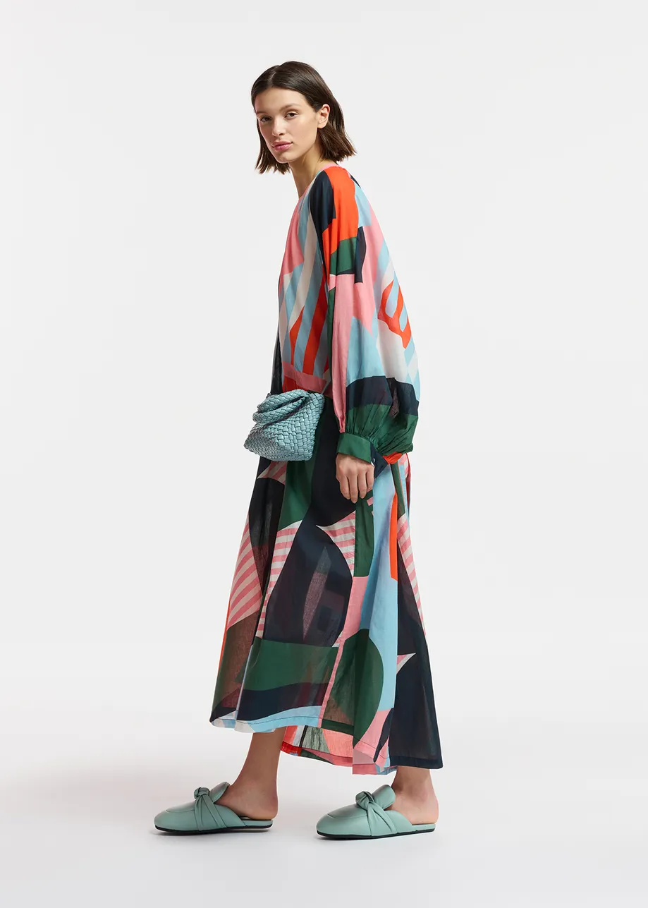 Multicolor cotton maxi-length dress with abstract print
