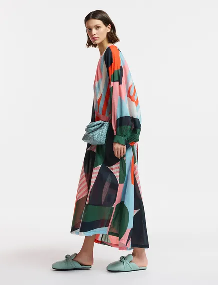 Multicolor cotton maxi-length dress with abstract print 