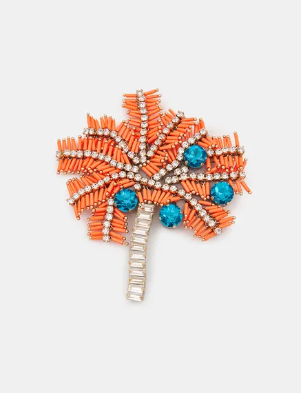 Oranje, zilveren en blauwe palmboombroche