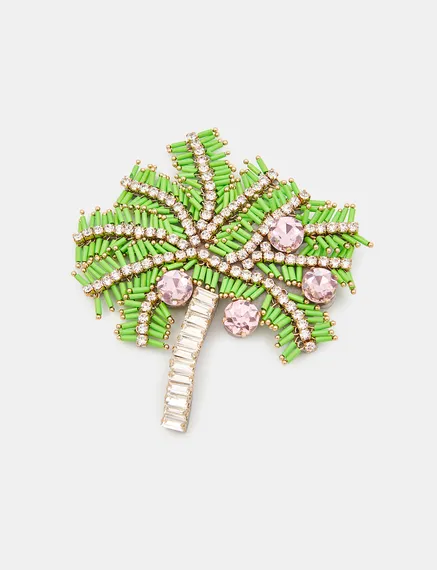 Green, silver and light pink palm tree brooch