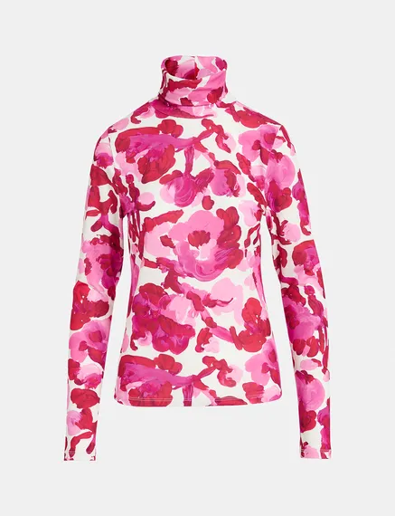 Rollkragentop mit Blumen-Print in Weiß und Rosa