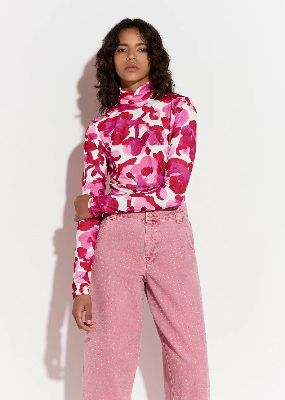 White and pink turtleneck top with floral print
