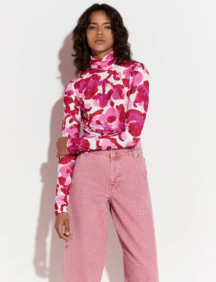 Rollkragentop mit Blumen-Print in Weiß und Rosa