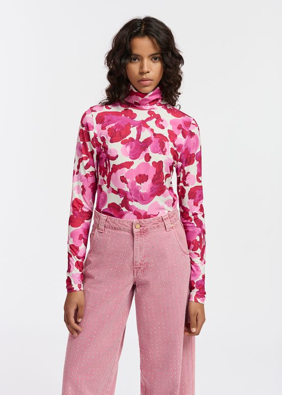 Rollkragentop mit Blumen-Print in Weiß und Rosa