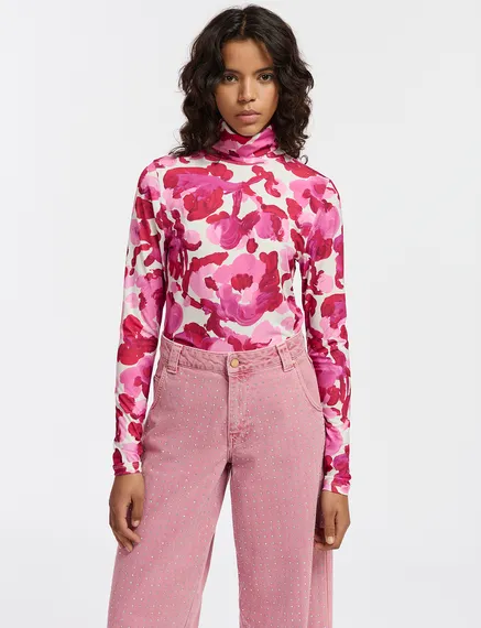 Rollkragentop mit Blumen-Print in Weiß und Rosa