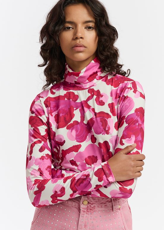 Rollkragentop mit Blumen-Print in Weiß und Rosa