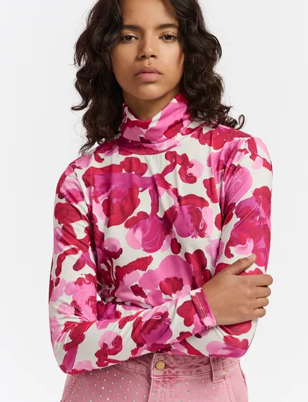 Rollkragentop mit Blumen-Print in Weiß und Rosa