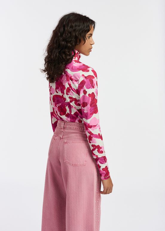 White and pink turtleneck top with floral print