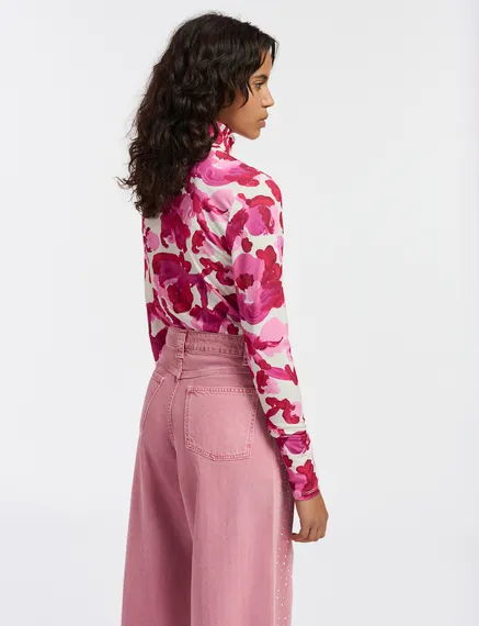 Rollkragentop mit Blumen-Print in Weiß und Rosa