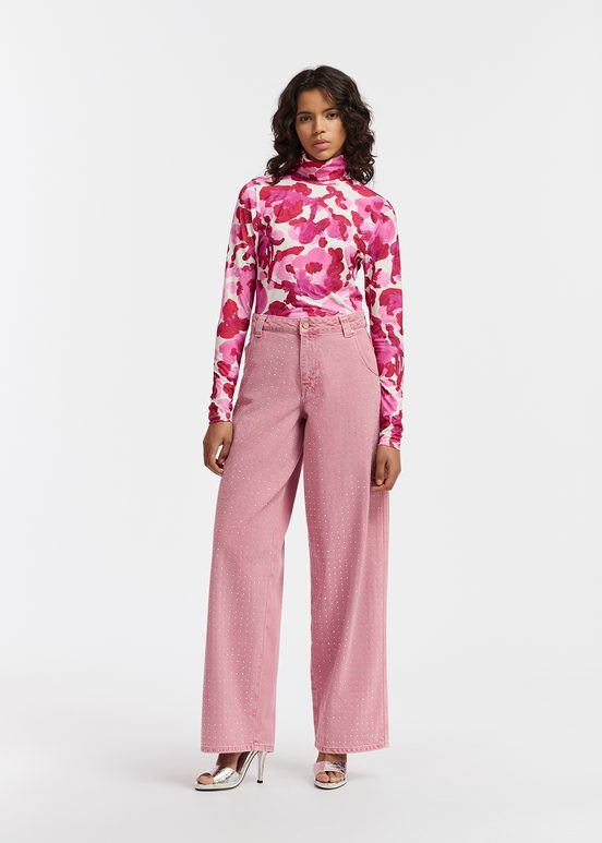 White and pink turtleneck top with floral print