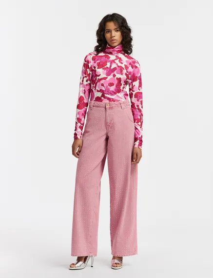 White and pink turtleneck top with floral print