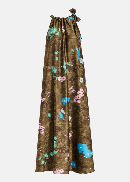 Khaki floral print halter neck maxi-length dress