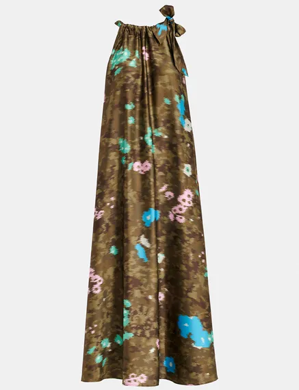 Khaki floral print halter neck maxi-length dress