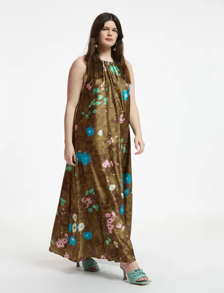 Khaki floral print halter neck maxi-length dress