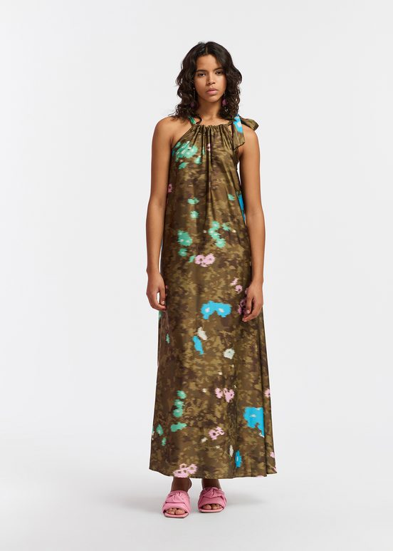 Khaki floral print halter neck maxi-length dress