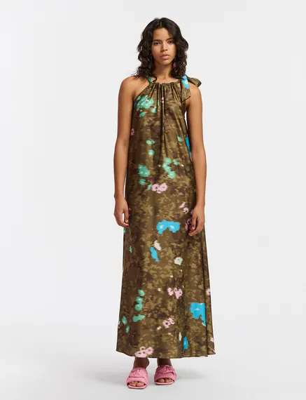 Khaki floral print halter neck maxi-length dress