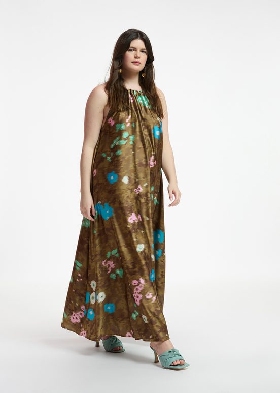 Khaki floral print halter neck maxi-length dress