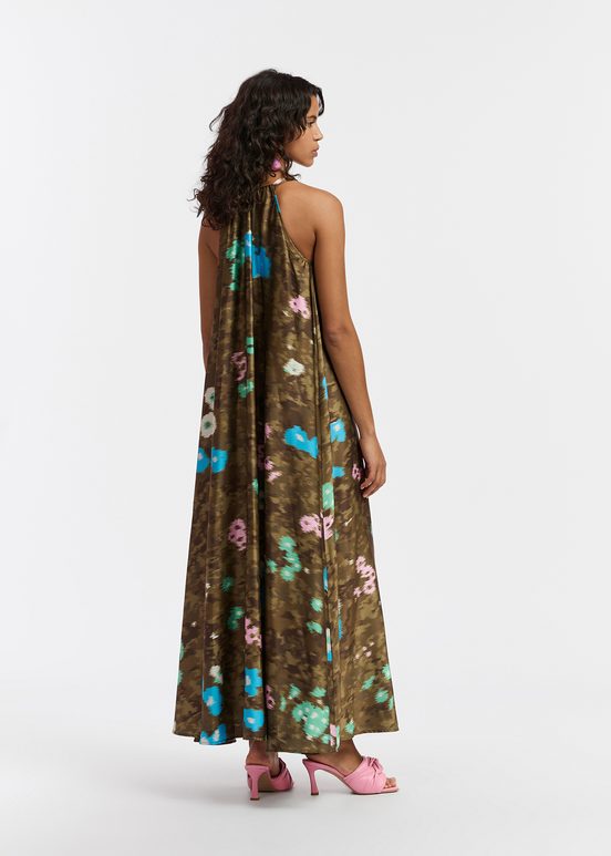 Khaki floral print halter neck maxi-length dress