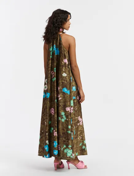 Khaki floral print halter neck maxi-length dress