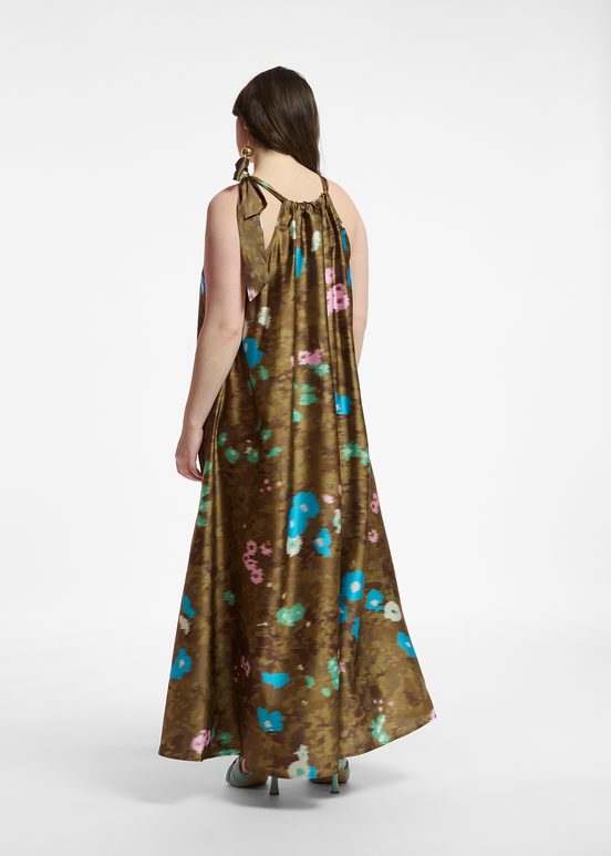 Khaki floral print halter neck maxi-length dress