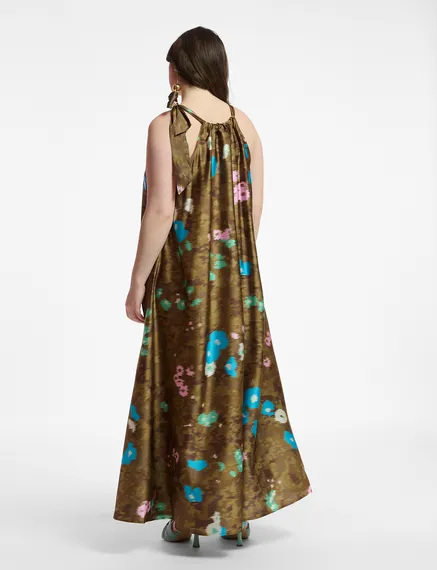 Khaki floral print halter neck maxi-length dress