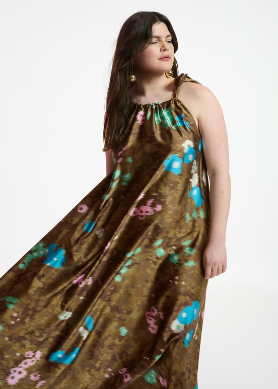 Khaki floral print halter neck maxi-length dress