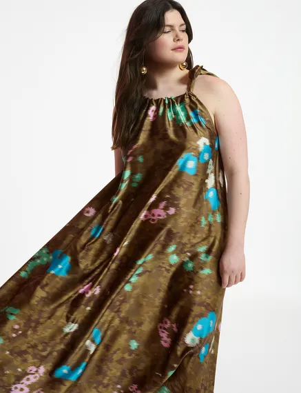 Khaki floral print halter neck maxi-length dress