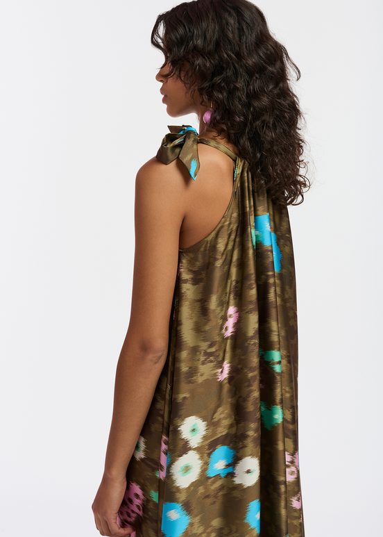 Khaki floral print halter neck maxi-length dress