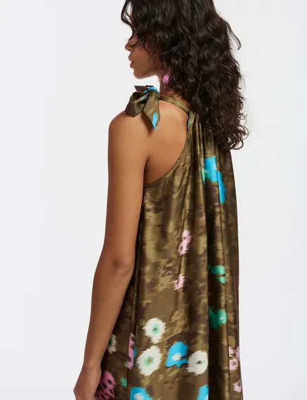 Khaki floral print halter neck maxi-length dress