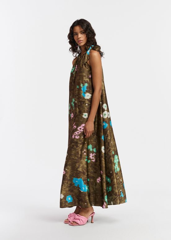 Khaki floral print halter neck maxi-length dress