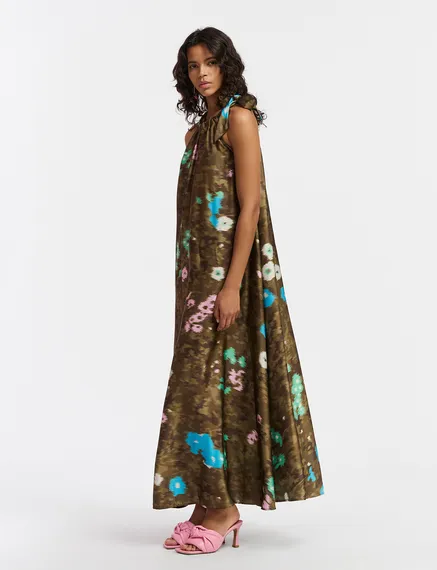 Khaki floral print halter neck maxi-length dress