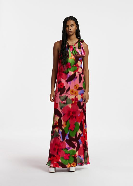 Multicolor floral print halter neck maxi-length dress