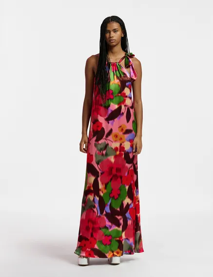 Multicolor floral print halter neck maxi-length dress