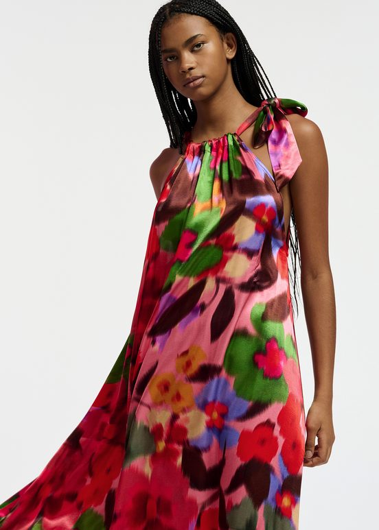 Multicolor floral print halter neck maxi-length dress