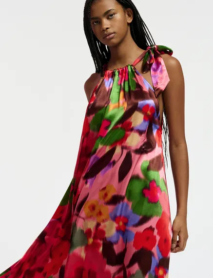 Multicolor floral print halter neck maxi-length dress