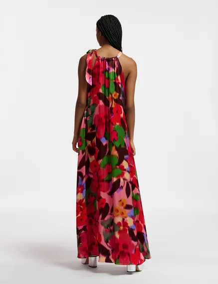 Multicolor floral print halter neck maxi-length dress