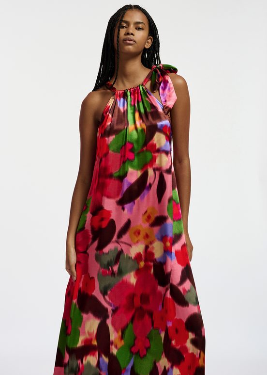 Multicolor floral print halter neck maxi-length dress