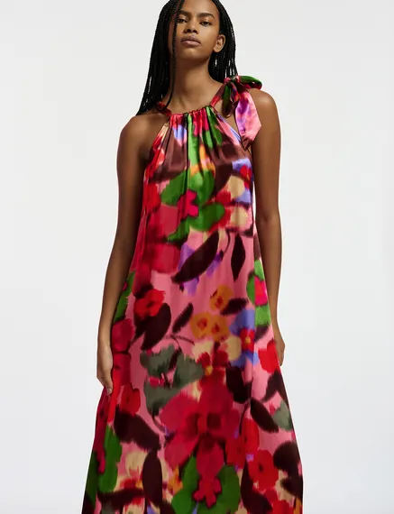 Multicolor floral print halter neck maxi-length dress