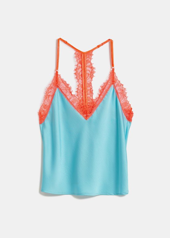 Blue camisole with neon orange lace trimmings